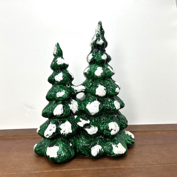 Pacific Rim Christmas 9" Ceramic Double Pine Tree Village Figurine Vintage Decor - Picture 1 of 7